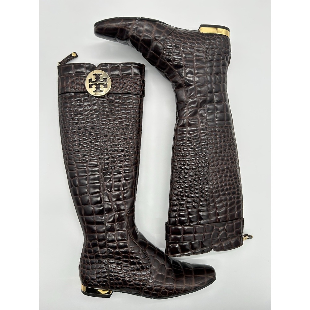 Tory Burch Brown Crocodile embossed leather riding boot Gold Heel & Logo Size‎ 7